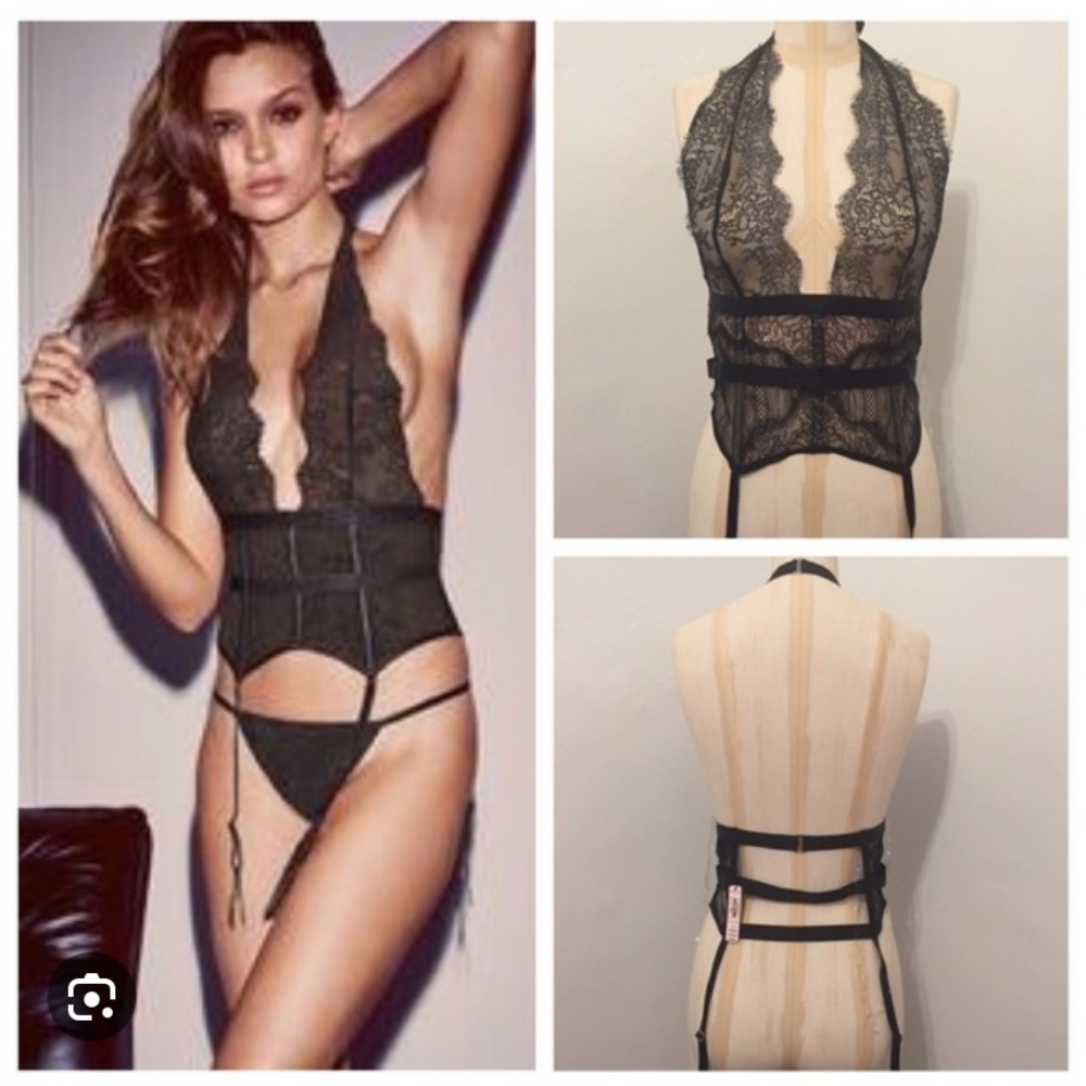 Victoria’s Secret black sheer lace halter backless garter belt top very sexy